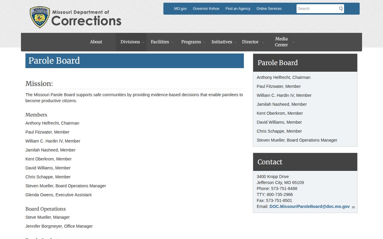 Knox County parole and probation Missouri Parole Board page