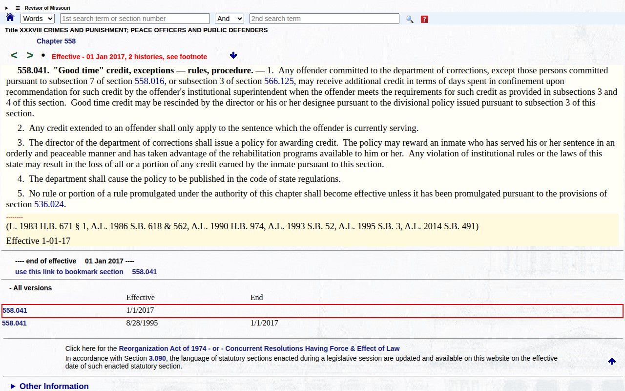 Knox County projected release date Missouri DOC good-time authority