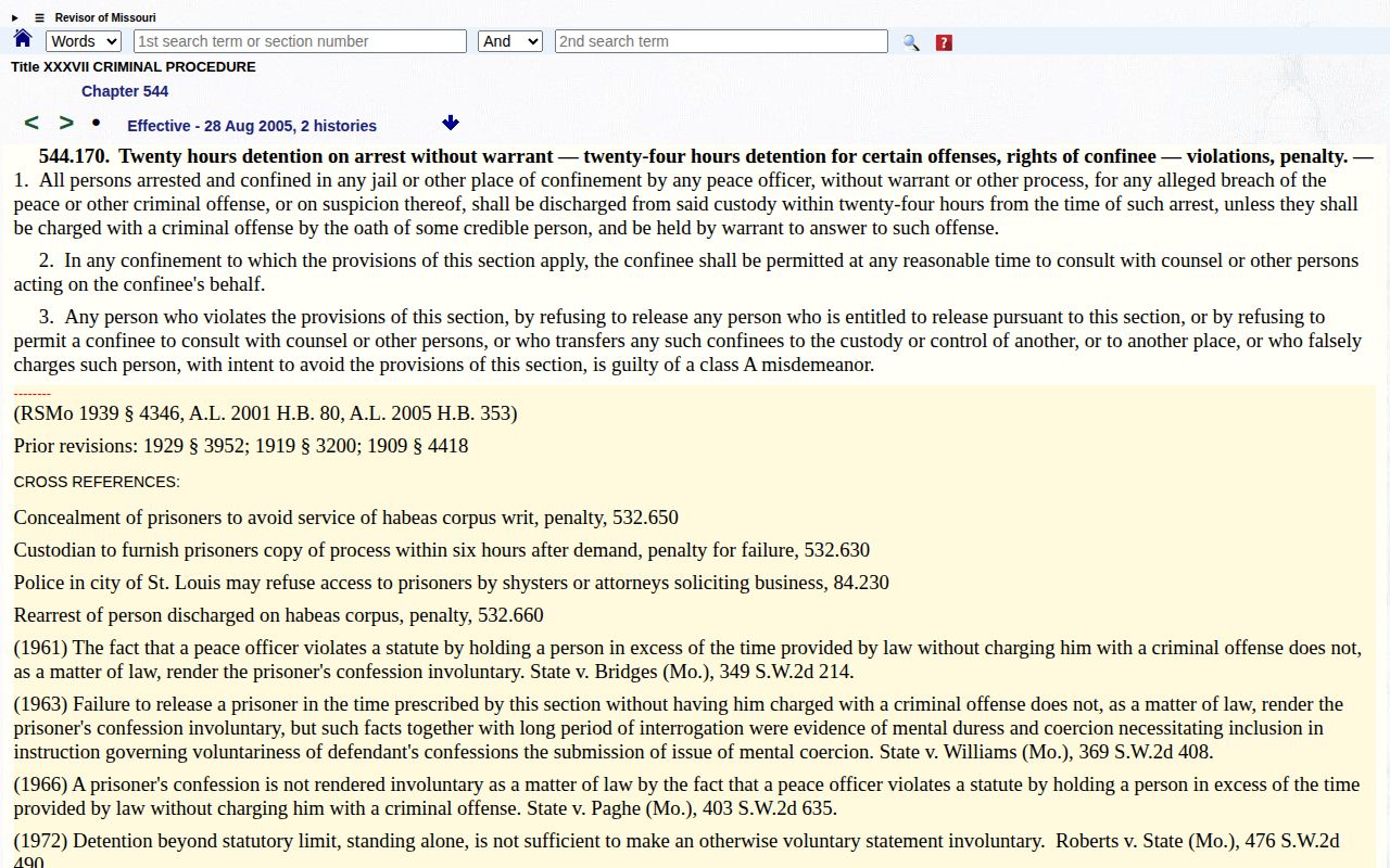 Missouri statute page explaining detention limits rather than a Knox County release feed