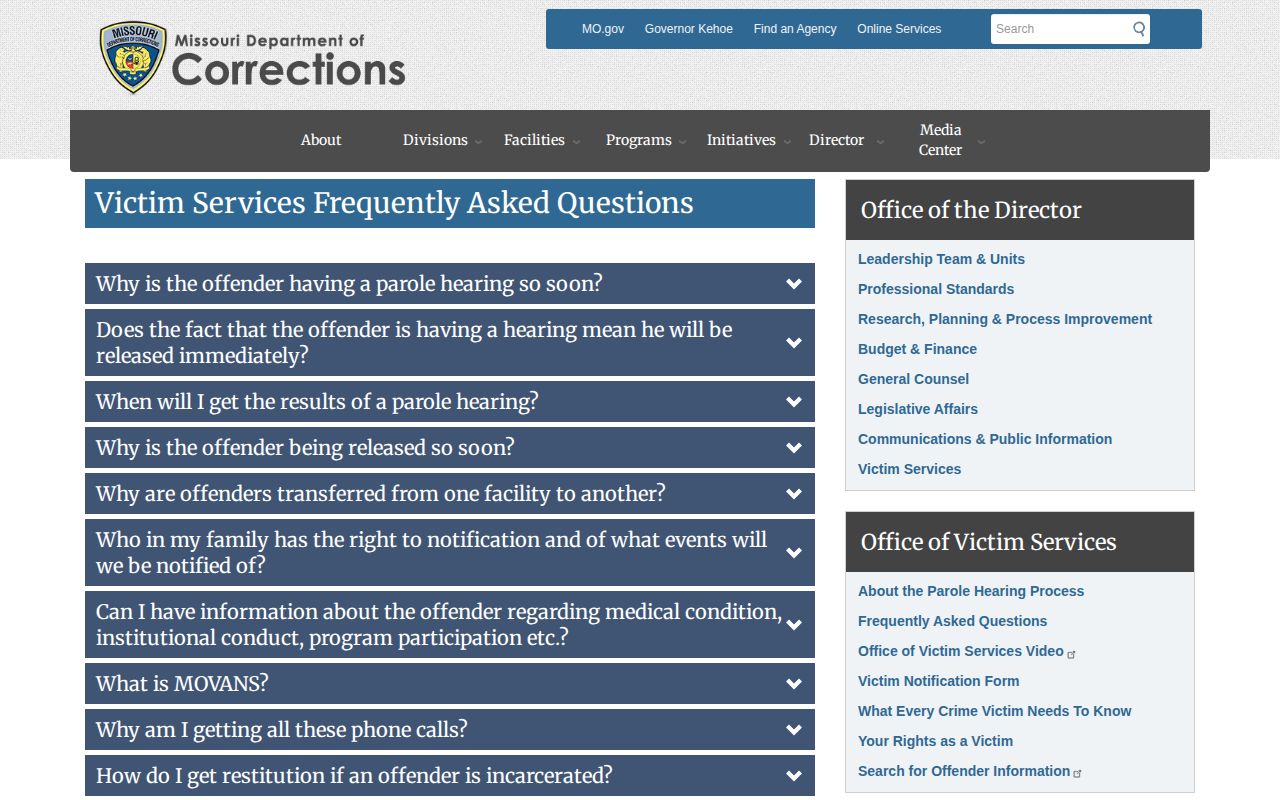 Knox County MOVANS parole decision release notification information